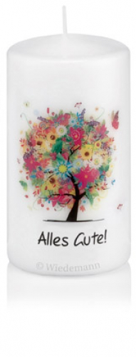 Spruchkerze "Alles Gute!" mit Blumenbaum Ø70mm x 130mm Höhe