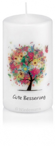 Spruchkerze "Gute Besserung!" mit Blumenbaum Ø70mm x 130mm Höhe