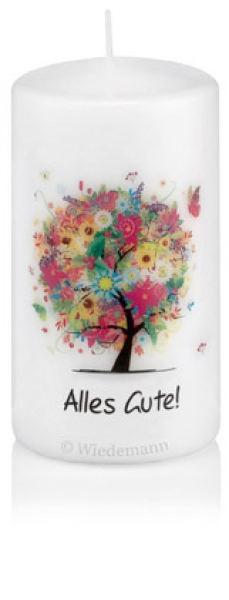 Spruchkerze "Alles Gute!" mit Blumenbaum Ø70mm x 130mm Höhe