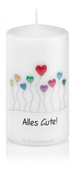 Spruchkerze "Alles Gute!" mit Herzen Ø70mm x 130mm Höhe