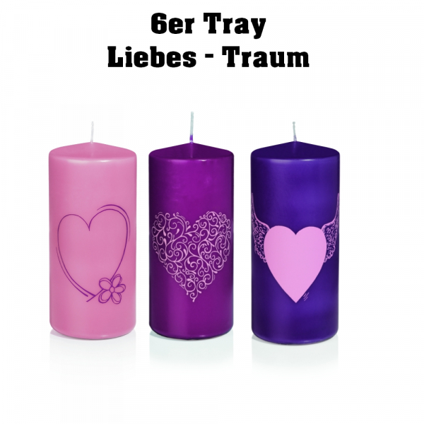 6er Tray - "Liebes-Traum" - Ø70mm x 150mm Höhe - Siebdruckkerzen im gemischten Geschenktray